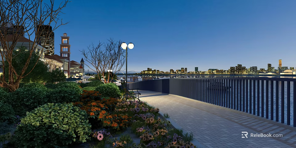 Stunning Dusk Riverside Promenade Landscape With Colorful Blooming Flowers And Beautiful Distant Illuminated City Skyline 3d model 