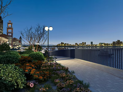 Stunning Dusk Riverside Promenade Landscape With Colorful Blooming Flowers And Beautiful Distant Illuminated City Skyline 3d model