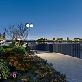 Stunning Dusk Riverside Promenade Landscape With Colorful Blooming Flowers And Beautiful Distant Illuminated City Skyline
