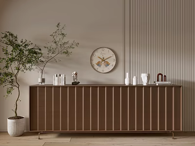 Brown Vertical Striped Dresser With Decorative Items Potted Plant And Wall Clock In Interior Scene 3d model