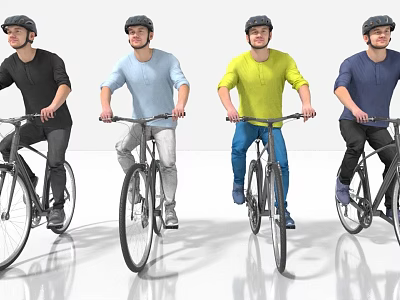 Men Riding Bicycles Wearing Helmets With Different Colored Shirts On White Background 3d model