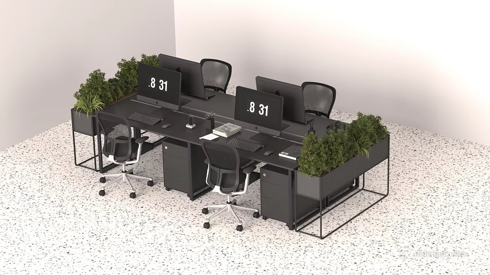 Modern Office Interior With Open Workstations Black Desks Chairs Green Plants And Computer Monitors 3d model 