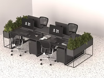 Modern Office Interior With Open Workstations Black Desks Chairs Green Plants And Computer Monitors 3d model