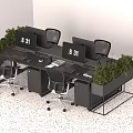 Modern Office Interior With Open Workstations Black Desks Chairs Green Plants And Computer Monitors