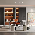 Modern Study Room Interior With Spacious Desk Orange Chair Bookshelf And Decorative Lighting