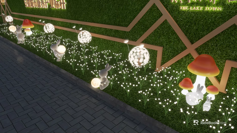 Garden Decorative Elements Featuring Green Lawn Geometric Shapes Rabbit Ornaments Mushroom Lamps And String Lights 3d model 