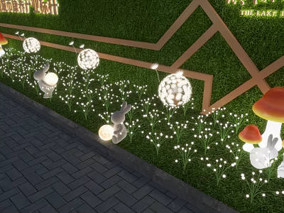 Garden Decorative Elements Featuring Green Lawn Geometric Shapes Rabbit Ornaments Mushroom Lamps And String Lights 3d model