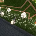 Garden Decorative Elements Featuring Green Lawn Geometric Shapes Rabbit Ornaments Mushroom Lamps And String Lights