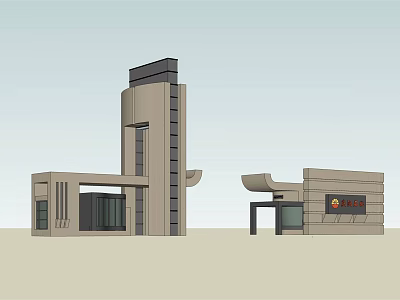 Modern Entrance Gate Design With Tower Structure Glass Doors and Logo 3d model