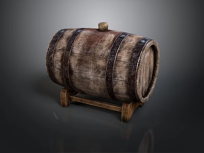 Rustic Vintage Wooden Barrel With Metal Hoops Textured Surface And Stand 3d model