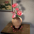 Elegant Decorative Ornament Set With Pink Roses Butterflies Petals On Wooden Table And Wall Painting