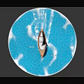 Elegant Sailboat Water Transport on Blue Water Circular Platform with Seagulls