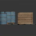Blue Storage Barrels And Wooden Pallets Stacked On Gray Mat For Home Use