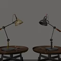 Vintage Table Lamps With Adjustable Metal Arms And Wooden Bases On Round Wood Tables