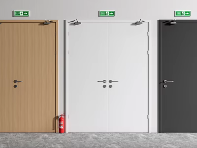 Different Colored Doors With Exit Signs And Fire Extinguisher In Interior Space 3d model