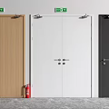 Different Colored Doors With Exit Signs And Fire Extinguisher In Interior Space