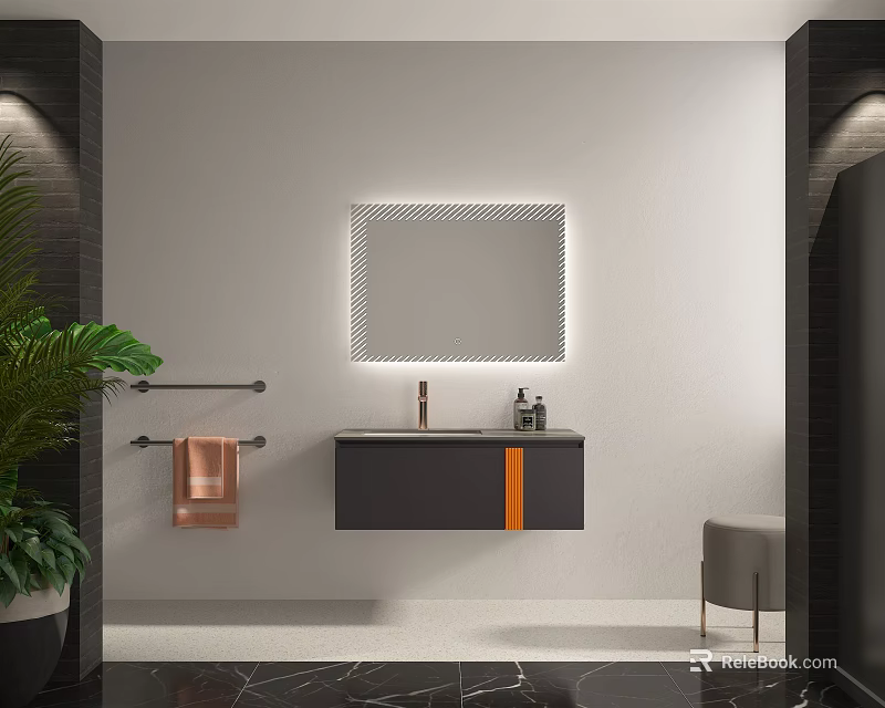 Modern Bathroom Vanity With Backlit Mirror Wall Mounted Design Green Plant And Towel Rack 3d model 