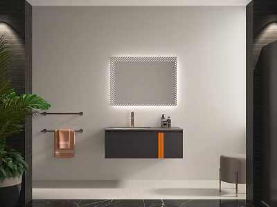 Modern Bathroom Vanity With Backlit Mirror Wall Mounted Design Green Plant And Towel Rack 3d model