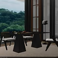 Modern Tea Table And Chairs Interior With Lush Green View Fruits And Floor Lamps