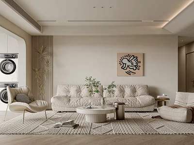 Modern Living Room With Beige Sofa Round Coffee Table Green Plants Rug And Decorative Artwork 3d model