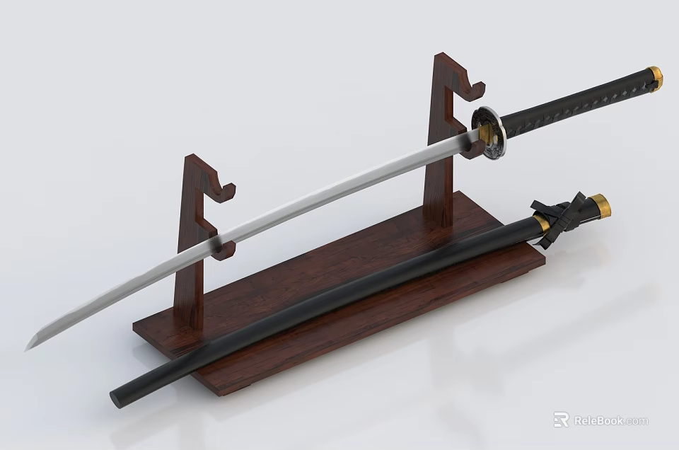 Traditional Japanese Katana Sword With Sharp Blade On Wooden Display Stand 3d model 