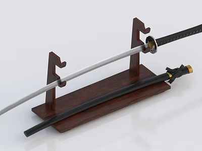 Traditional Japanese Katana Sword With Sharp Blade On Wooden Display Stand 3d model