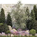 Lush Arbor Garden Design With Green Shrubs Purple Flowers And Rocks