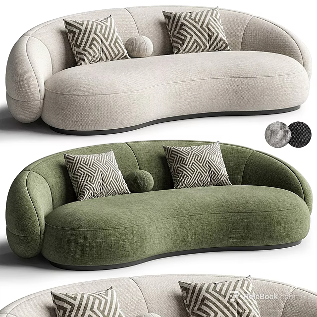 Modern Curved Beige And Green Sectional Sofa With Geometric Pattern Pillows And Round Cushion 3d model 
