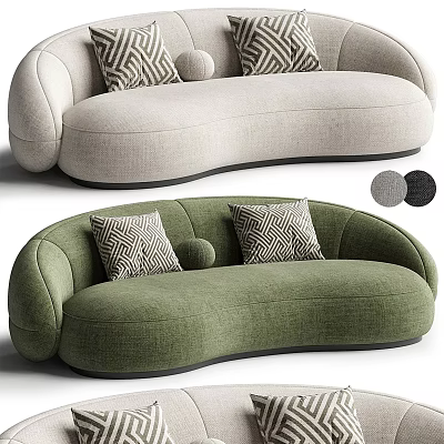 Modern Curved Beige And Green Sectional Sofa With Geometric Pattern Pillows And Round Cushion 3d model