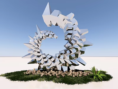 Modern Metal Art Installation With Spiral Shapes Reflective Surfaces On Grass Base With Stone Accents 3d model