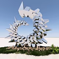 Modern Metal Art Installation With Spiral Shapes Reflective Surfaces On Grass Base With Stone Accents