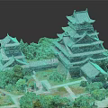 Traditional Ancient Architecture With Multi story Towers Traditional Roofs Green Trees And Stone Path Courtyard