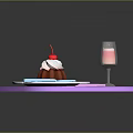 Chocolate Pudding With Cherry On Top Served On White Plate Blue Fork And Pink Drink