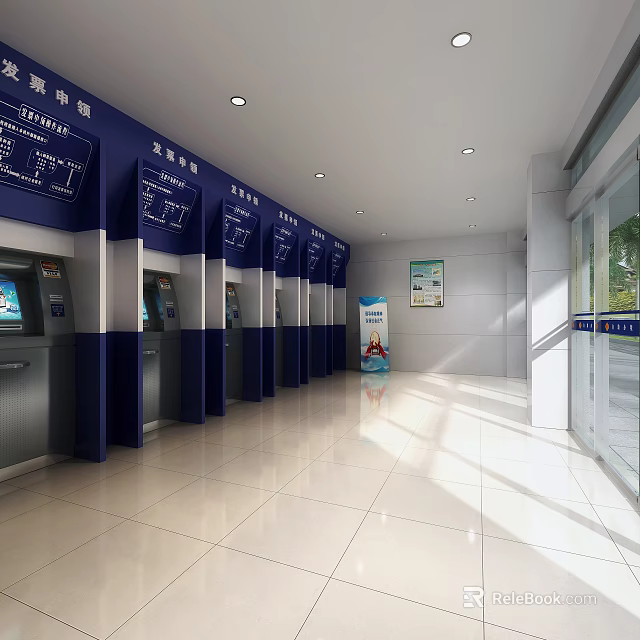 Modern Service Hall Interior With Self Service Kiosks Blue Signage And Bright Lighting 3d model 