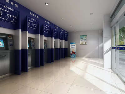 Modern Service Hall Interior With Self Service Kiosks Blue Signage And Bright Lighting 3d model