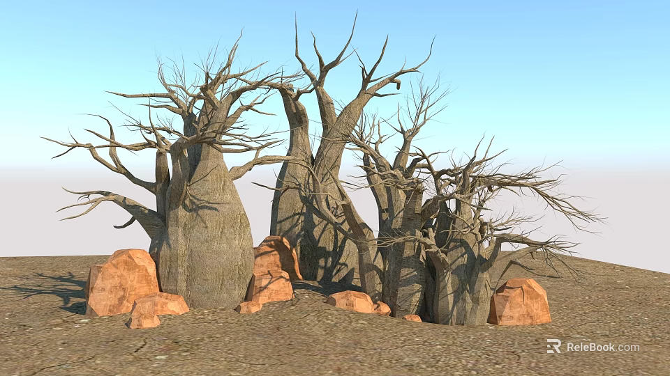 Leafless Baobab Trees With Thick Trunks Among Red Rocks And Sandy Ground Under Blue Sky 3d model 