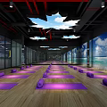 Modern Fitness Gym Interior With Wooden Floor Circular Ceiling Lights And Large Windows