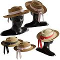 Stylish Straw Hats with Bowknots and Black Pink Red Ribbons on Mannequin