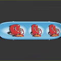 Blue Skateboard With Three Red Cartoon Car Patterns And Red Wheels