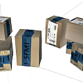 Multiple Brown Cardboard Cartons With Blue Tape And Shipping Labels On White Background