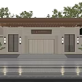 Traditional Chinese Entrance Gate With Stone Walls Wooden Details Pine Trees Steps And Lighting