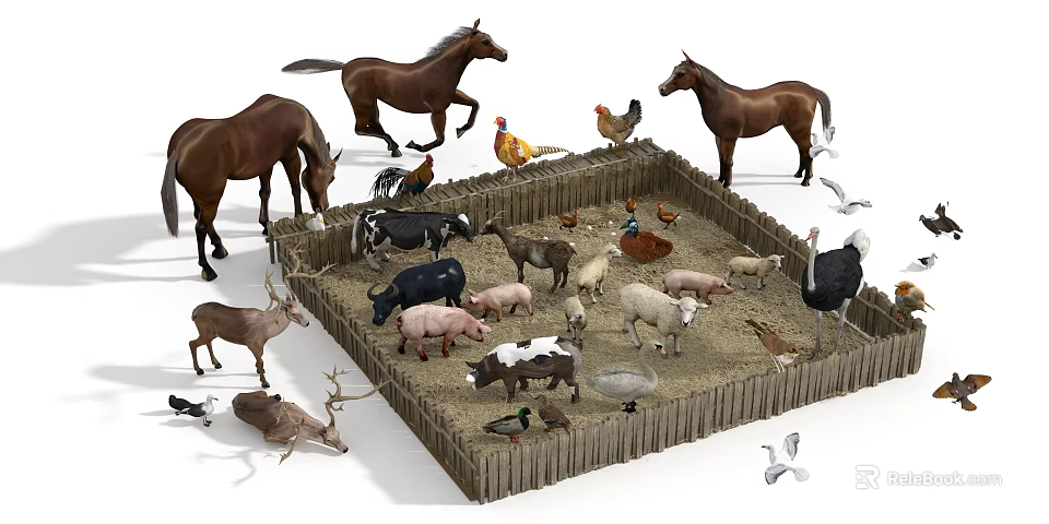 Miniature Farm Animal Models Scene With Wooden Fence And Various Species 3d model 