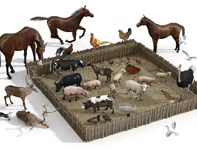 Miniature Farm Animal Models Scene With Wooden Fence And Various Species 3d model