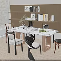 Modern Dining Table Set With White Vase Green Fruit And Mixed Design Chairs 3d model