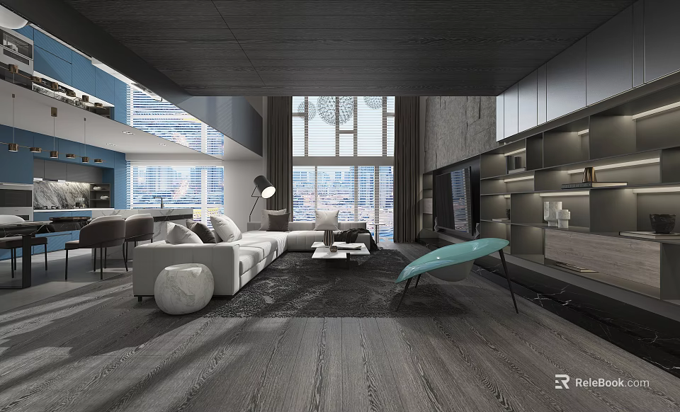 Modern Living Room Interior With White Sofa Black Coffee Table Green Accent Chair And Large Windows 3d model 