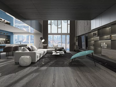 Modern Living Room Interior With White Sofa Black Coffee Table Green Accent Chair And Large Windows 3d model