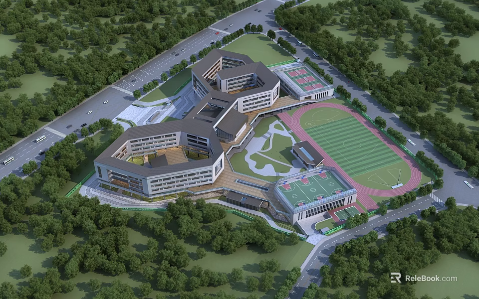 Modern School Building Complex Featuring Academic Wings Sports Ground And Lush Green Surroundings 3d model 