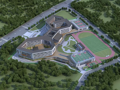 Modern School Building Complex Featuring Academic Wings Sports Ground And Lush Green Surroundings 3d model