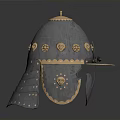 Medieval Warrior Helmet Featuring Ornate Steel Construction Gold Accents And Face Guard