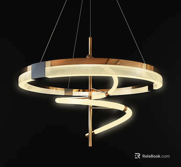 Modern Spiral Circular Chandelier with Golden Metal Frame and Illuminated Light Strips 3d model 